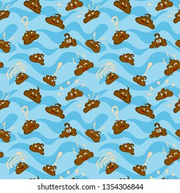 characters poop seamless pattern on blue water background