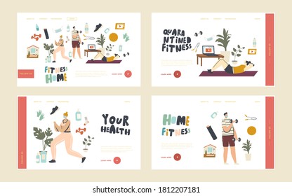 Characters Practicing Fitness at Home at Quarantine Landing Page Template Set. Men and Women Doing Exercises for Healthy Body at Domestic Interior. Sports Lifestyle. Linear People Vector Illustration