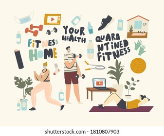 Characters Practicing Fitness, Stretching at Home during Quarantine. Men and Women Doing Gymnastics Exercises for Healthy Body at Domestic Interior. Sports Lifestyle. Linear People Vector Illustration
