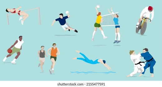 CHARACTERS PRACTICING SPORTS VECTOR ILLUSTRATION