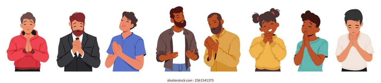 Characters Praying. Kids and Men Bow With Closed Eyes, Hands Clasped, In An Attitude Of Supplication. Their Expressions Convey Faith, Hope, And Connection To Divine. Cartoon People Vector Illustration