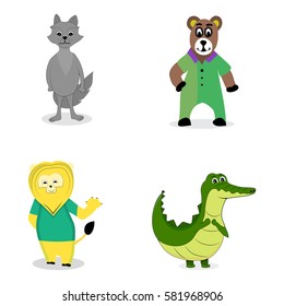 Characters predatory animals. Crocodile and wolf, lion and bear. Vector illustration