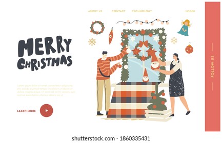 Characters Prepare for New Year and Xmas Winter Season Holidays Celebration Landing Page Template. People Hanging Christmas Decor Garland, Balls, Toys for Decorating Window. Linear Vector Illustration