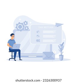 Characters preparing documents for tax calculation, making income tax return and calculating business invoices. flat vector modern illustration
