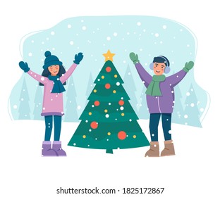 Characters Preparing for New Year and Xmas Celebration. Winter Season.