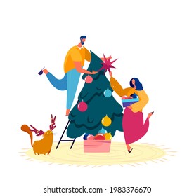Characters Preparing for New Year and Xmas Celebration. Happy Man and Woman Decorating Christmas Tree. Loving family couple, relationship. Winter Season Holidays. Cartoon Flat Vector Illustration