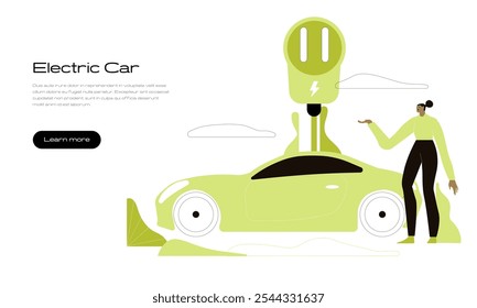 Personajes que presentan coches eléctricos con energías renovables. Vehículo ecológico y concepto de transporte sostenible. Ilustración vectorial.