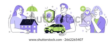 Characters presenting vehicle, life and property insurance policies. Insurance coverage, protection, safety concept set. Vector illustration.