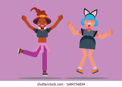 Characters of a pretty girl get dressed in a witch costume jumping with her friend, Halloween theme. Simple character vector illustration, this illustration can use as a sticker also.