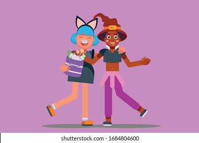 Characters of pretty girls wearing Halloween costumes embrace each other. Simple character vector illustration, this illustration can use as a sticker also.