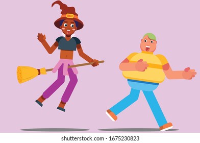 Characters of a pretty witch playing romp with a fat boy, Halloween theme. Simple character vector illustration, this illustration can use as a sticker also.
