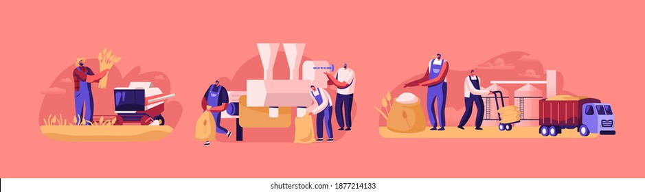 Characters Producing Flour Concept. Wheat Manufacture Process, Bread Industry. People Growing, Harvesting, Mowing, Gathering and Grinding Cereal Harvest, Agriculture. Cartoon Vector Illustration