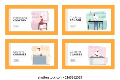 Characters Professional Cooking Landing Page Template Set. Men and Women in Toque and Apron Prepare Dinner on Kitchen, Cutting Vegetables, Cook Fish or Chicken. Cartoon People Vector Illustration