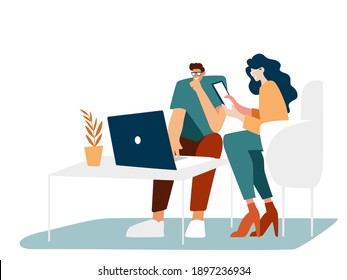 Characters programmers, a man works at a laptop, a girl with a tablet. IT people development concept, modern flat design. Teamwork in the office.
