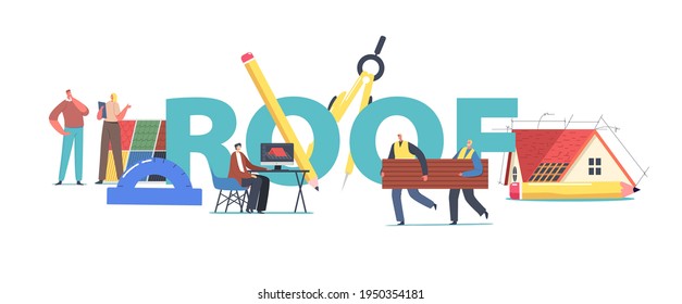 Characters Projecting Roof Design for Cottage House Concept. Graphic Designer Engineering 3d Model of Roof on Pc for Client, Workers Install Poster Banner Flyer. Cartoon People Vector Illustration