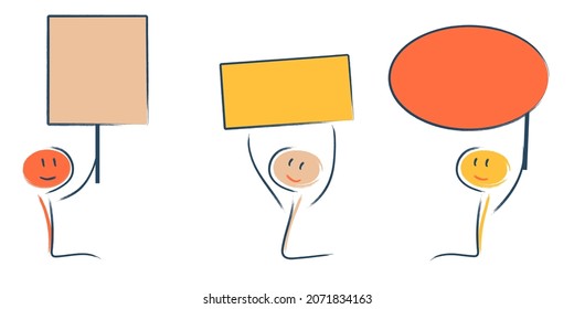 characters at the protest, everyone has a different opinion, everyone holds a sign. Characters communicate and each has a different opinion