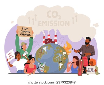 Charaktere, die gegen den Klimawandel protestieren, weil sie fossile Brennstoffe und Abholzung verbrennen, was zu globalen Erwärmungen und Umweltschäden führt. Cartoon People VektorgrafikV