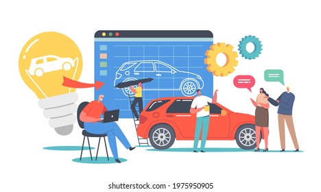 Characters Prototyping Car Concept. Engineer Designer Perform Automobile Prototype Project, Machinery Industrial Projecting Industry, Customers Buying New Auto. Cartoon People Vector Illustration