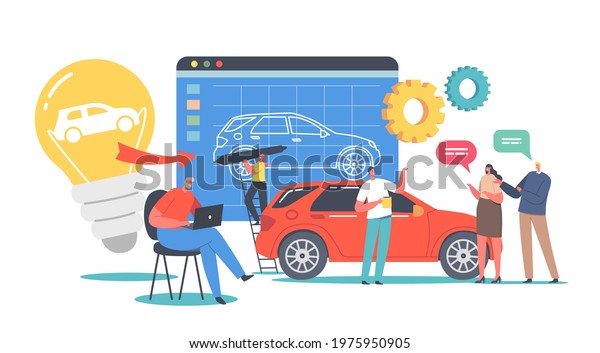 Characters Prototyping Car Concept. Engineer\
Designer Perform Automobile Prototype Project, Machinery Industrial\
Projecting Industry, Customers Buying New Auto. Cartoon People\
Vector Illustration