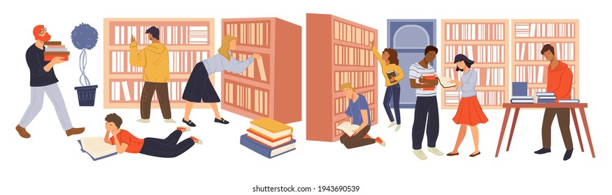 Characters in public library looking for book to read. Male and female personages with publications, literature lovers enjoying stories and wisdom from pages. Preparing for exams. Vector in flat style