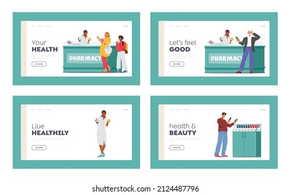 Characters Purchase Drugs in Pharmacy Landing Page Template Set. Customers Walk along Shelves with Medications Choose Medicine or Vitamins, Paying on Counter Desk. Cartoon People Vector Illustration