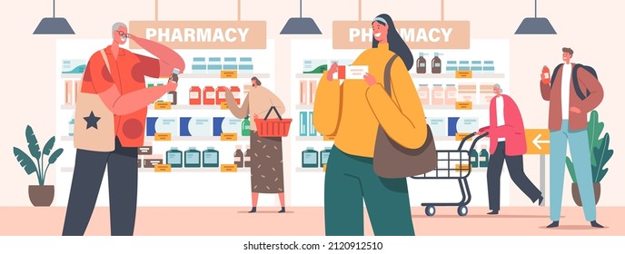 Los personajes compran medicamentos en la farmacia. Los clientes que caminan por las estanterías con medicamentos y píldoras con carritos y carritos de compras eligen medicamentos o vitaminas. Ilustración de vectores de personas de caricatura