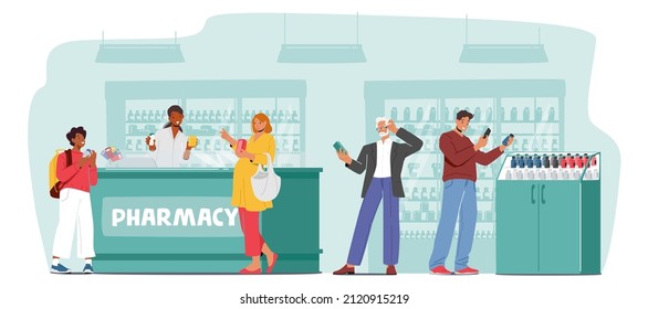 Characters Purchase Drugs in Pharmacy Store. Customers Walking along Shelves with Medications and Pills Choose Medicine or Vitamins, Paying on Counter Desk. Cartoon People Vector Illustration