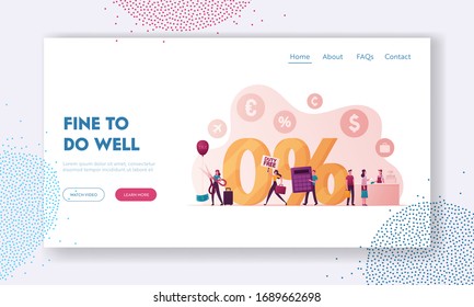 Characters Purchasing in Tax and Duty Free Store Landing Page Template. Tiny People at Huge Zero Percent Symbol, Customers Paying at Shop Desk, Man with Calculator. Cartoon People Vector Illustration