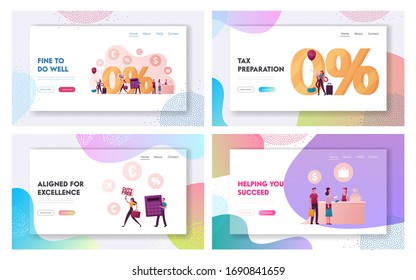 Characters Purchasing in Tax and Duty Free Store Landing Page Template Set. Tiny People at Huge Zero Percent Symbol, Customers Paying at Shop Desk, Man with Calculator. Cartoon Vector Illustration