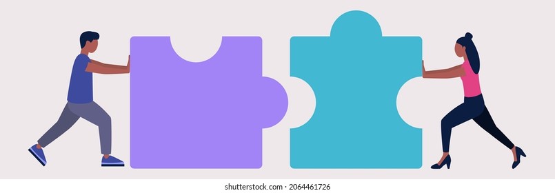 Characters are pushing the puzzle. Partnership or good deal concept. Idea brainstorming and puzzle solution. Vector illustration in a flat style