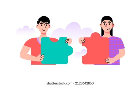 Los personajes están empujando el rompecabezas. Asociación o buen trato. Idea solución de tormentas de ideas y rompecabezas. Ilustración vectorial en un estilo plano