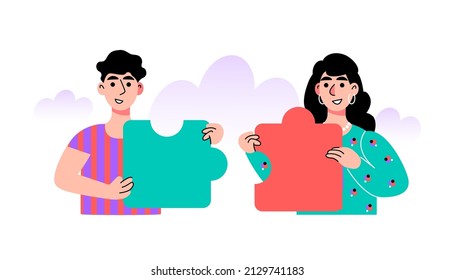 Characters are pushing the puzzle. Partnership or good deal concept. Idea brainstorming and puzzle solution. Vector illustration in a flat style