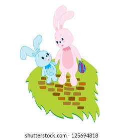 Characters of a rabbit mother holding her little son to school.