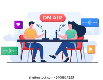 Characters in radio studio speaking to microphones and recording podcast, Online podcast concept flat illustration vector template, Live interview