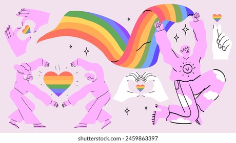 Characters with rainbow lgbtq flag celebrate pride month or day vector flat illustration. LGBTQ support festival or event social media greeting template design elements. Rainbow heart in arms.