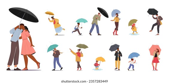 Characters At Rainy Day. People Huddled Under Umbrellas, Wearing Raincoats, And Carrying Bags. Children Enjoying while Adults Hurry and Escaping The Wet Weather. Cartoon Vector Illustration