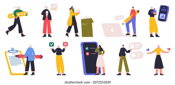 Characters rating, online survey or giving feedback. People choosing right answer, voting or giving customer review vector illustration set. Online survey. Feedback and satisfaction, survey review