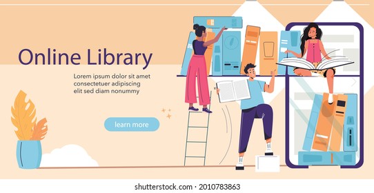 Characters reading book in online library and studying with smartphone vector Illustration banner. Students learning online at home landing page. App for reading, buying and downloading books.