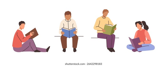 Characters reading books, students preparing for exams. Vector isolated people enjoying textbooks, literature education and studying. Personages doing exercises, bookworm hobby of men and women