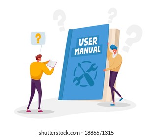 Characters Reading User Manual, Guide Book or Technical Instruction Concept. Tiny Characters Read Huge Handbook with Guidance and Tutorial for Users. Customer Support, Aid. Cartoon Vector Illustration