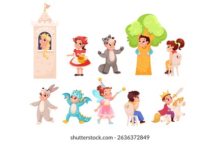 Characters from the realm of fantasy dressed in playful costumes and vibrant settings