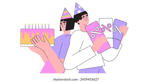 Characters receive online reward, bonus or discount on birthday as loyal customers. Woman and man stand with birthday cake and hold bonuses coupon for loyalty program on b-day. People receive gifts.