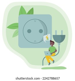 Los caracteres reducen el consumo de energía en el hogar, la gente desenchufa los aparatos. Concepto de ahorro de energía. Ilustración vectorial.