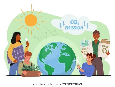 Characters Reduce Global Warming And Climate Change. People Care Of Plants, Use Solar Energy And Recycling Packages To Save Earth, Reduce Pollution And Co2 Gas Emission. Cartoon Vector Illustration
