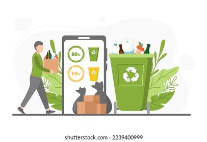 Characters reducing food waste, recycling plastic bottles. Reduce, reuse, recycle and zero waste concept. Vector illustration