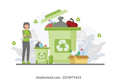 Characters reducing food waste, recycling plastic bottles. Reduce, reuse, recycle and zero waste concept. Vector illustration