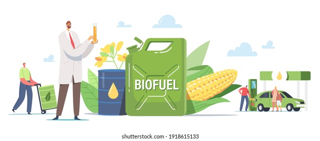 Characters Refueling Car With Biofuel On Station. Man Pumping Eco Petrol, Gasoline For Charging Auto. Vehicle Filling Service Gas Or Biodiesel, Scientist With Flask. Cartoon People Vector Illustration