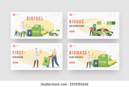 Characters Refueling Car with Biofuel on Station Landing Page Template Set. Man Pumping Eco Petrol, Gasoline for Auto. Vehicle Filling Service, Scientist with Flask. Cartoon People Vector Illustration