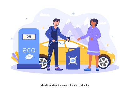 Characters refueling car with biofuel on station. Man pumping eco petrol, gasoline for auto. Vehicle filling service, scientist with flask. Flat metaphor cartoon vector illustration concept