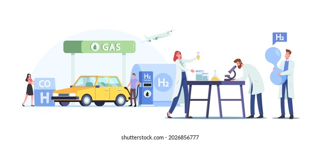 Characters Refueling Car with Hydrogen Fuel on Station Concept. Man Pumping Petrol or Gas for Charging Auto. Vehicle Filling Service, Green Energy, Biodiesel. Cartoon People Vector Illustration